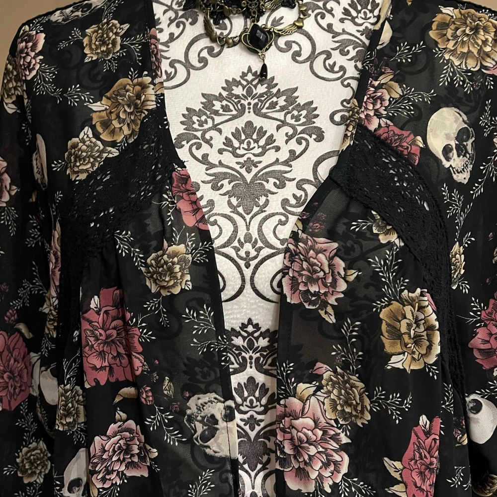casual or dressy: Torrid skull floral black kimono sheer cover up Plus size 1 /2